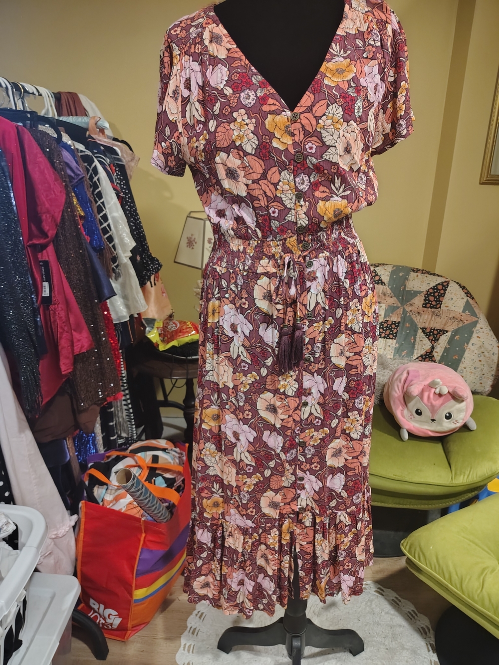 Knox Rose Autumn Boho Floral V-Neck Midi Dress in Burgundy and Gold